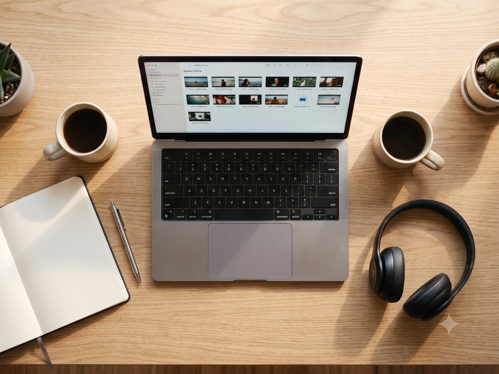 A laptop on a wooden desk with the episode's video files open